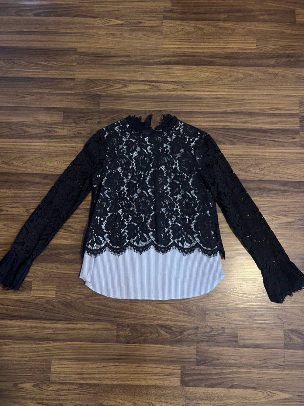 Sugarlips Black Lace Overlay Top with Blue & White Striped Lining